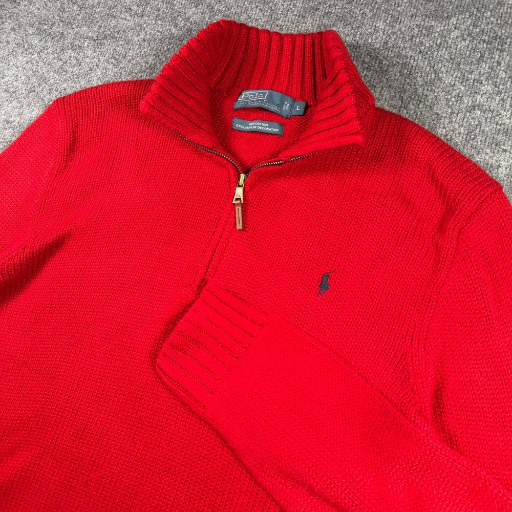 Polo Ralph Lauren Quarter Zip Sweater Mens Large Red Cotton Shaker Knit Pony